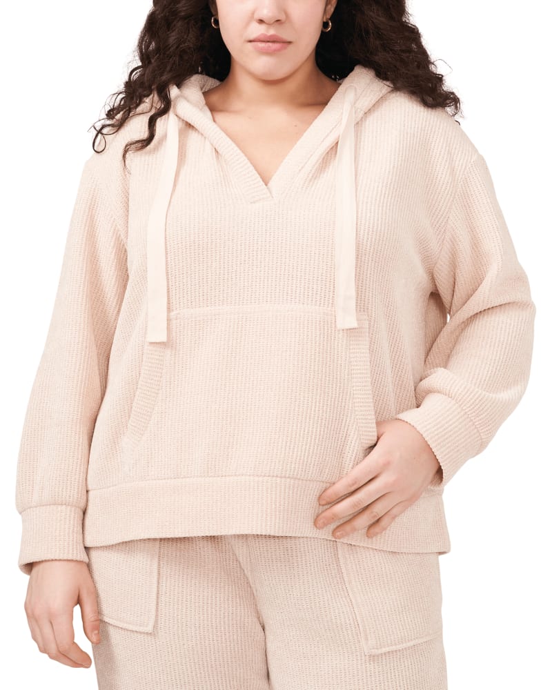 Front of a model wearing a size 0X Ava Drawstring Hoodie in SOFT ECRU by 1.State. | dia_product_style_image_id:262010